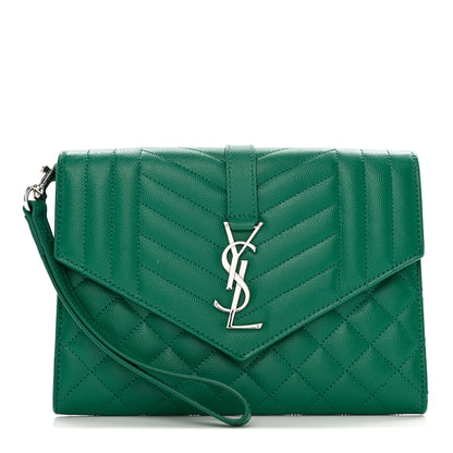 Saint Laurent SAINT LAURENT Grain De Poudre Textured Mixed Matelasse Triquilt Monogram Clutch Green Field 1 of 11