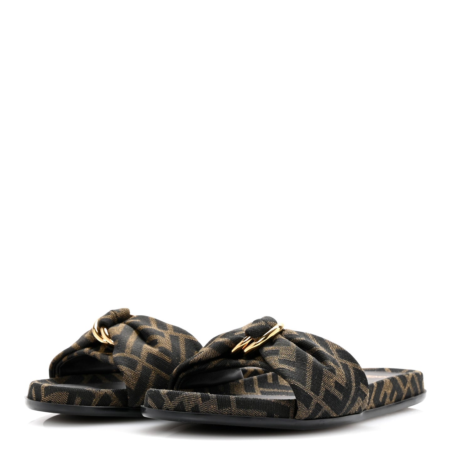 Fabric Jacquard Nappa FF Womens Fendi Feel Slide Sandals 38 Tobacco Black Miele Scuro