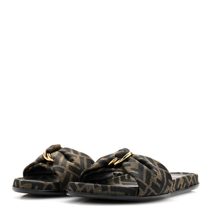 Fendi Fabric Jacquard Nappa FF Womens Fendi Feel Slide Sandals 38 Tobacco Black Miele Scuro 4 of 9