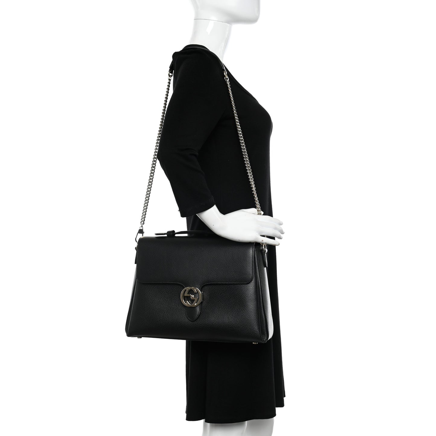Dollar Calfskin Medium Interlocking G Top Handle Shoulder Bag Black