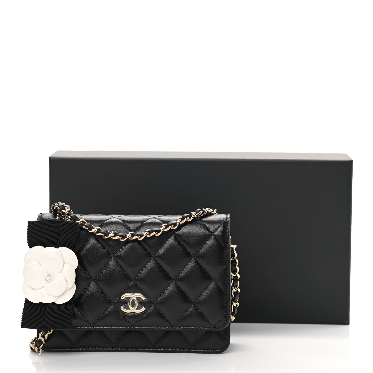 Chanel Lambskin Quilted Mini Camellia Bow Wallet On Chain WOC Black 14 of 14