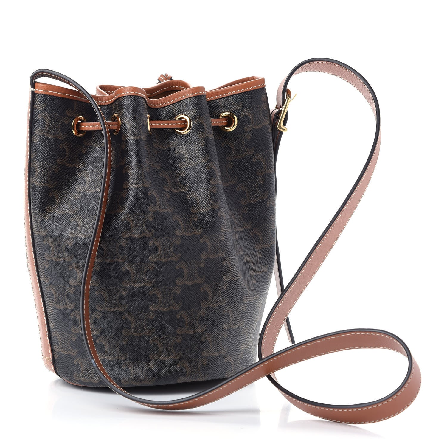 Celine Triomphe Canvas Calfskin Small Drawstring Bucket Bag Tan 3 of 8