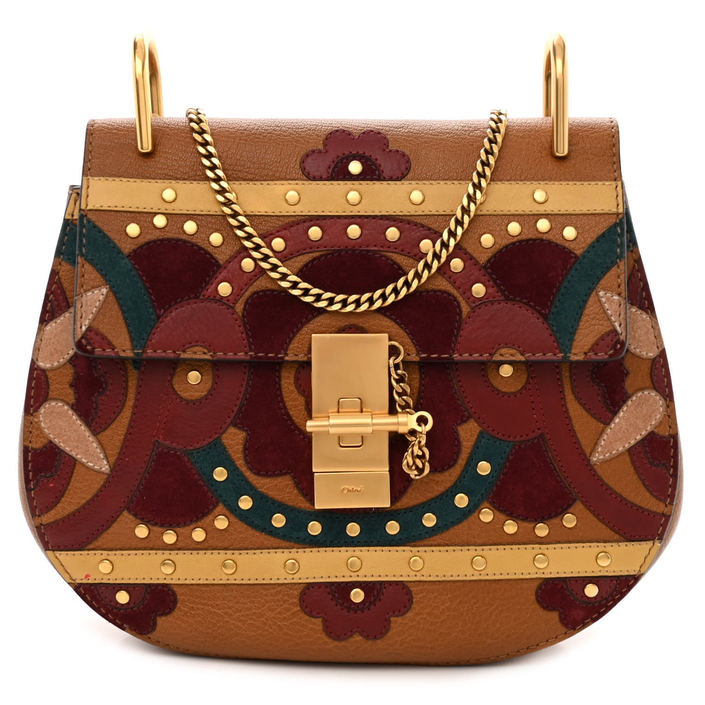 Calfskin Suede Floral Patchwork Studded Drew Shoulder Bag Caramel Multicolor