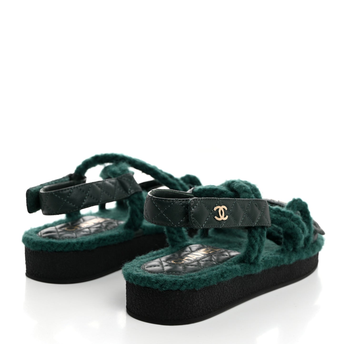 Cord Lambskin Quilted Logo Sandals 38 Green