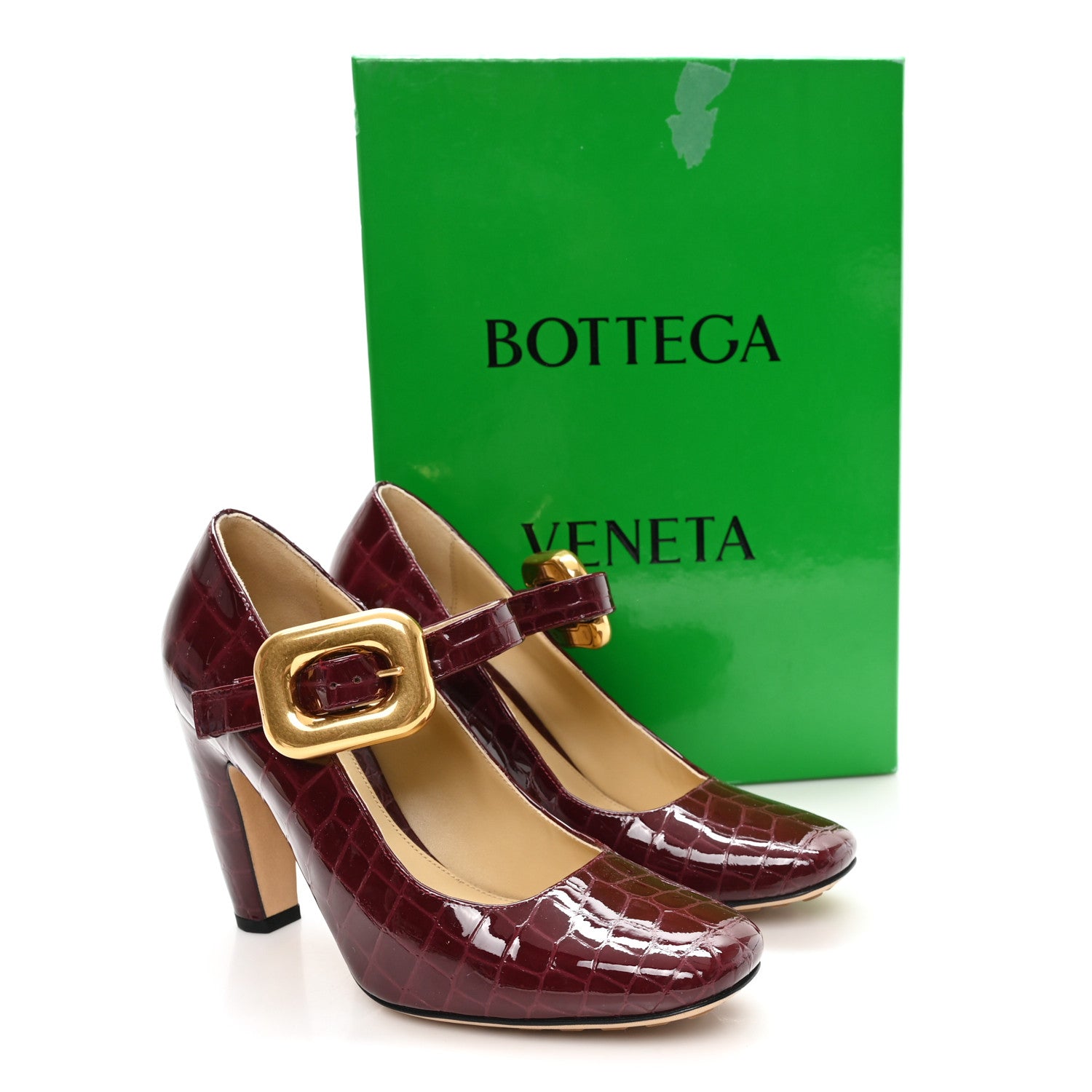 Bottega Veneta Glossy Calfskin Crocodile Embossed Mostra Mary Jane 90 MM Pumps 37 Merlot 10 of 10
