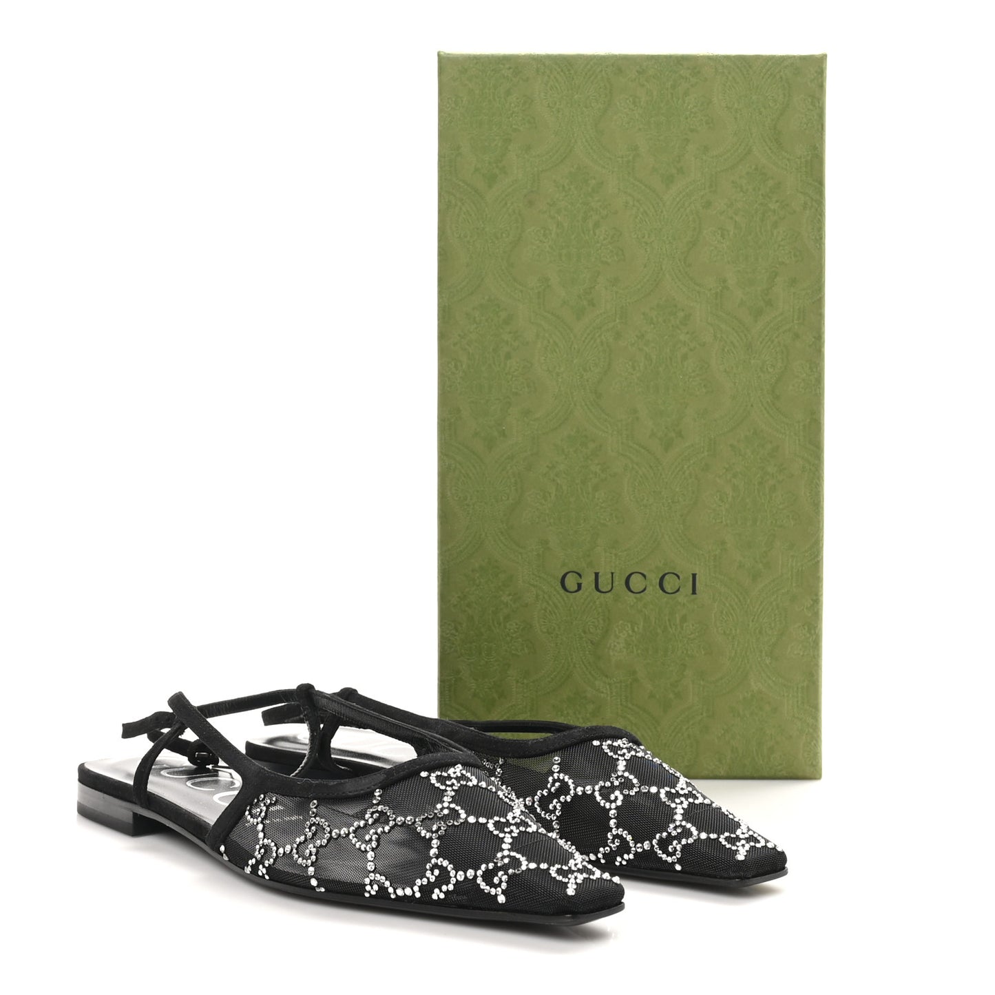 Tela Retino Kid Scamosciato Crystal GG Monogram Square Demi Ballet Flats 40 Black