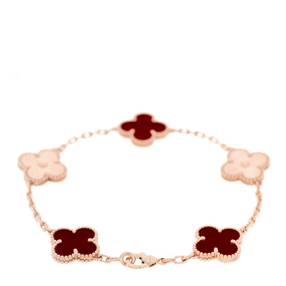 Van Cleef & Arpels 18K Rose Gold Carnelian 5 Motifs Guilloche Vintage Alhambra Bracelet 2 of 6