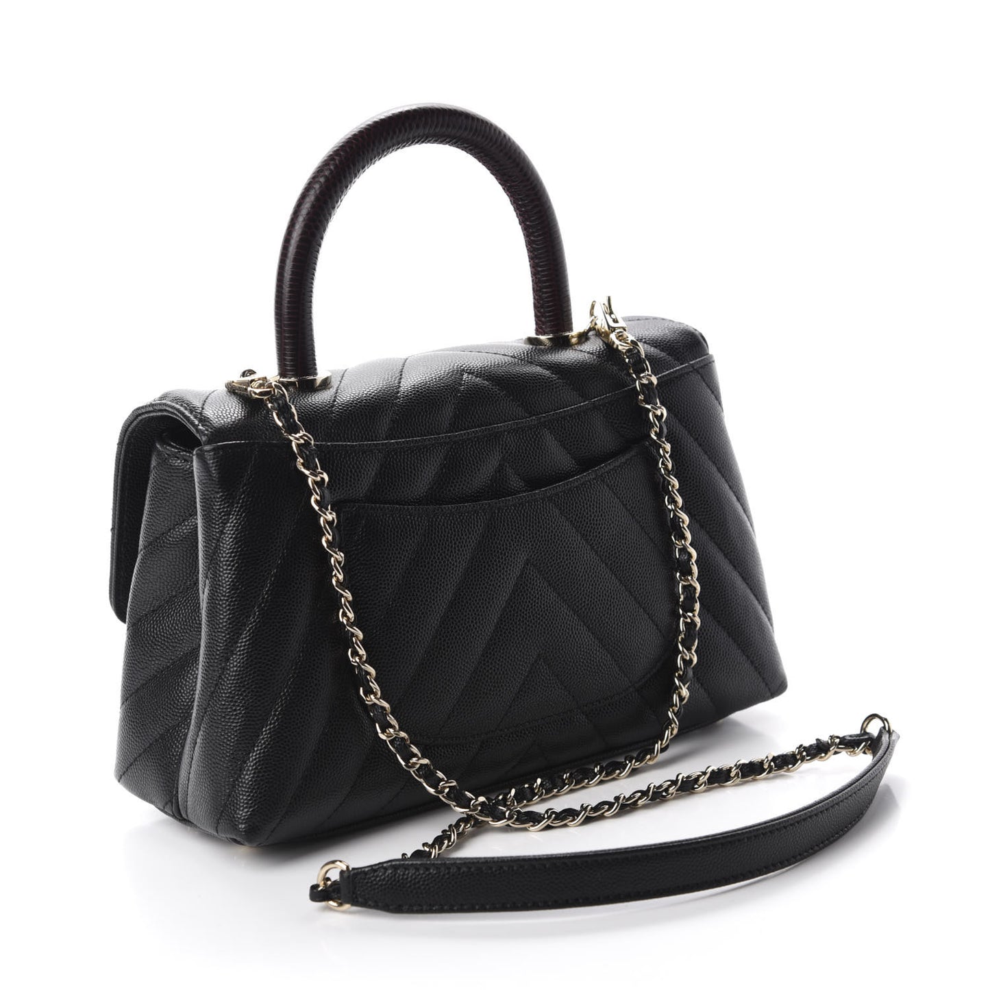 Caviar Lizard Chevron Quilted Mini Coco Handle Flap Black