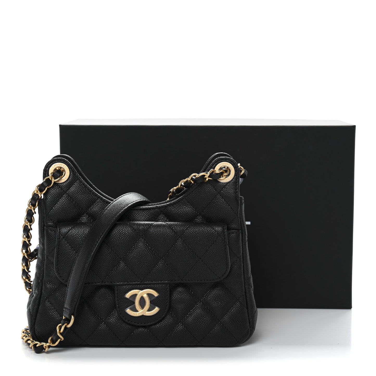 Caviar Quilted Small Wavy CC Hobo Black