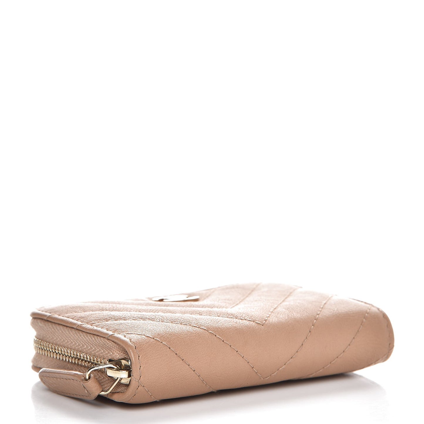 Calfskin Chevron Quilted Zip Around Coin Purse Beige