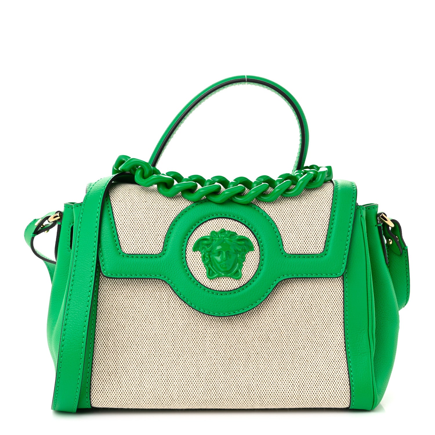 Versace Grained Calfskin Canvas Medium La Medusa Chain Top Handle Handbag Green 1 of 10