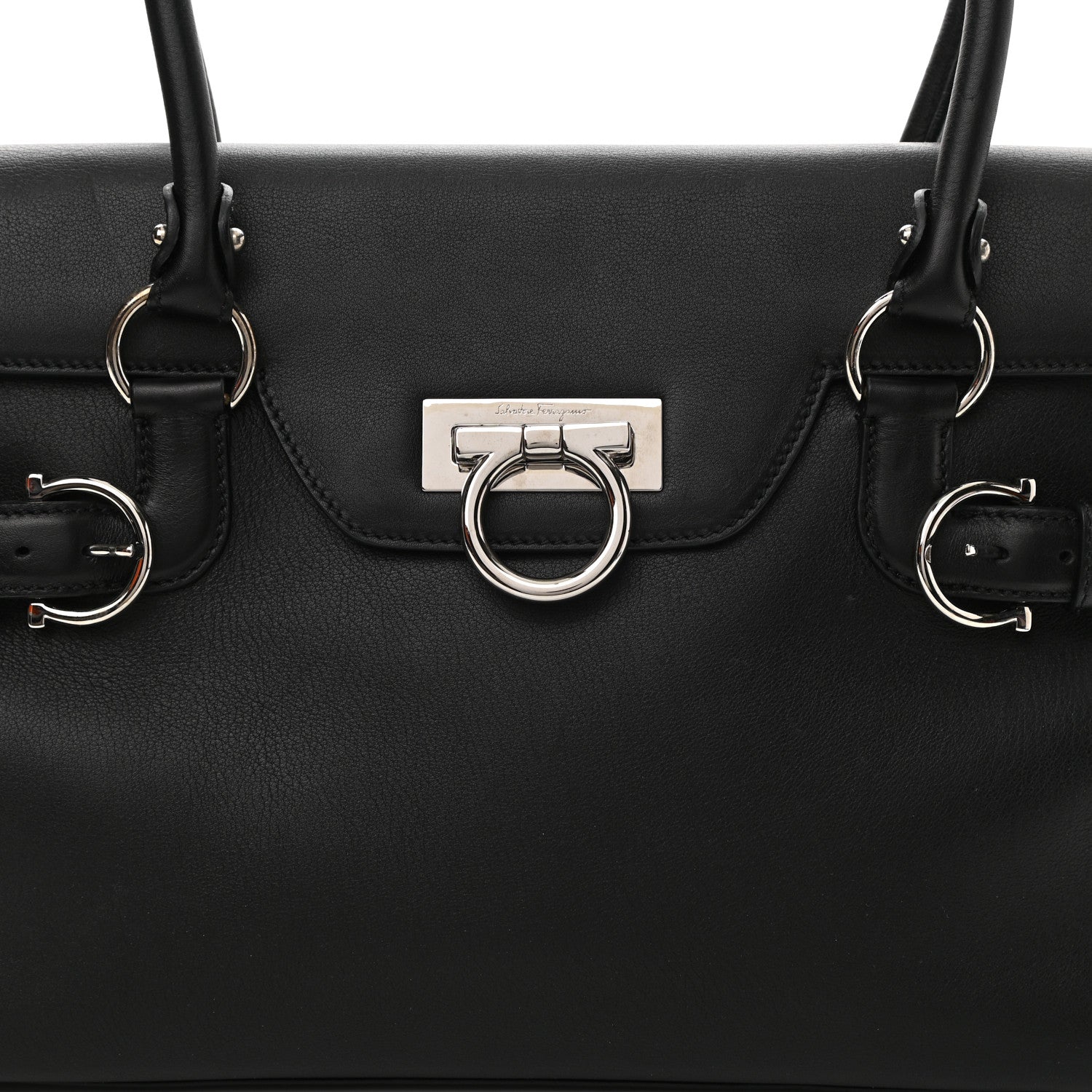 Salvatore Ferragamo Calfskin Gancini Top Handle Satchel Black 7 of 10