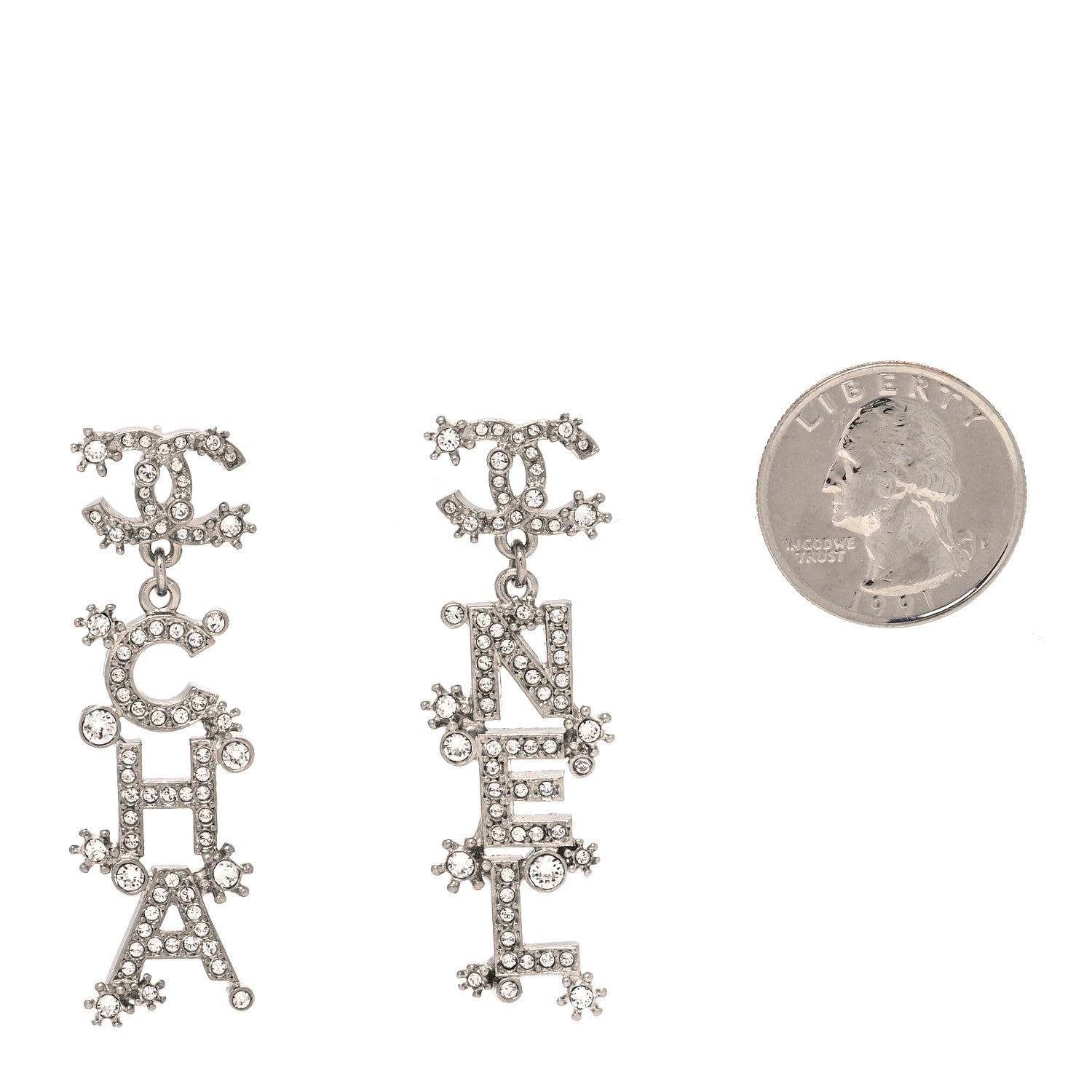 Chanel Crystal Cha-Nel Logo Drop Earrings Silver 2 of 4