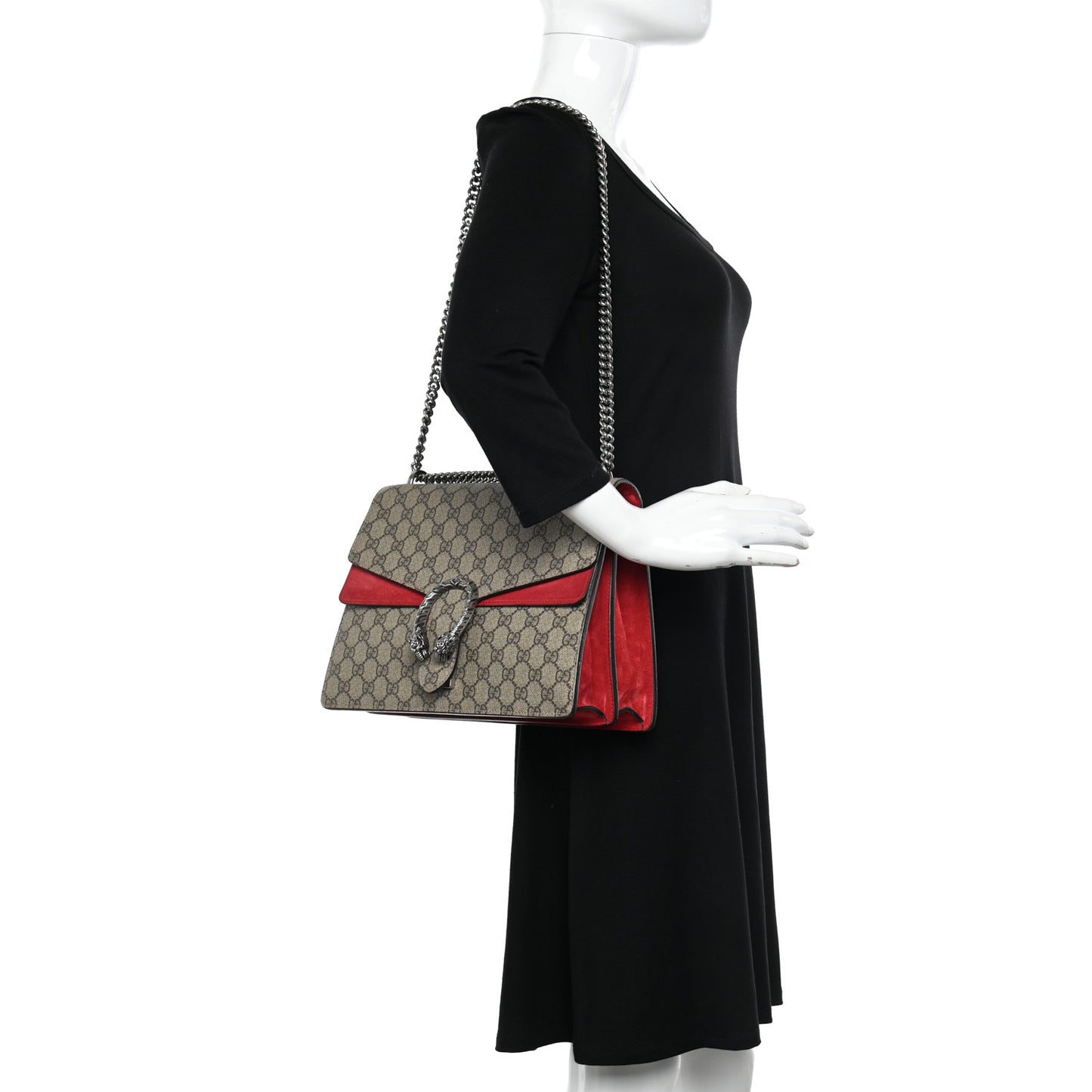 GG Supreme Monogram Suede Cudu Medium Dionysus Shoulder Bag Beige Ebony Vulcanic Red