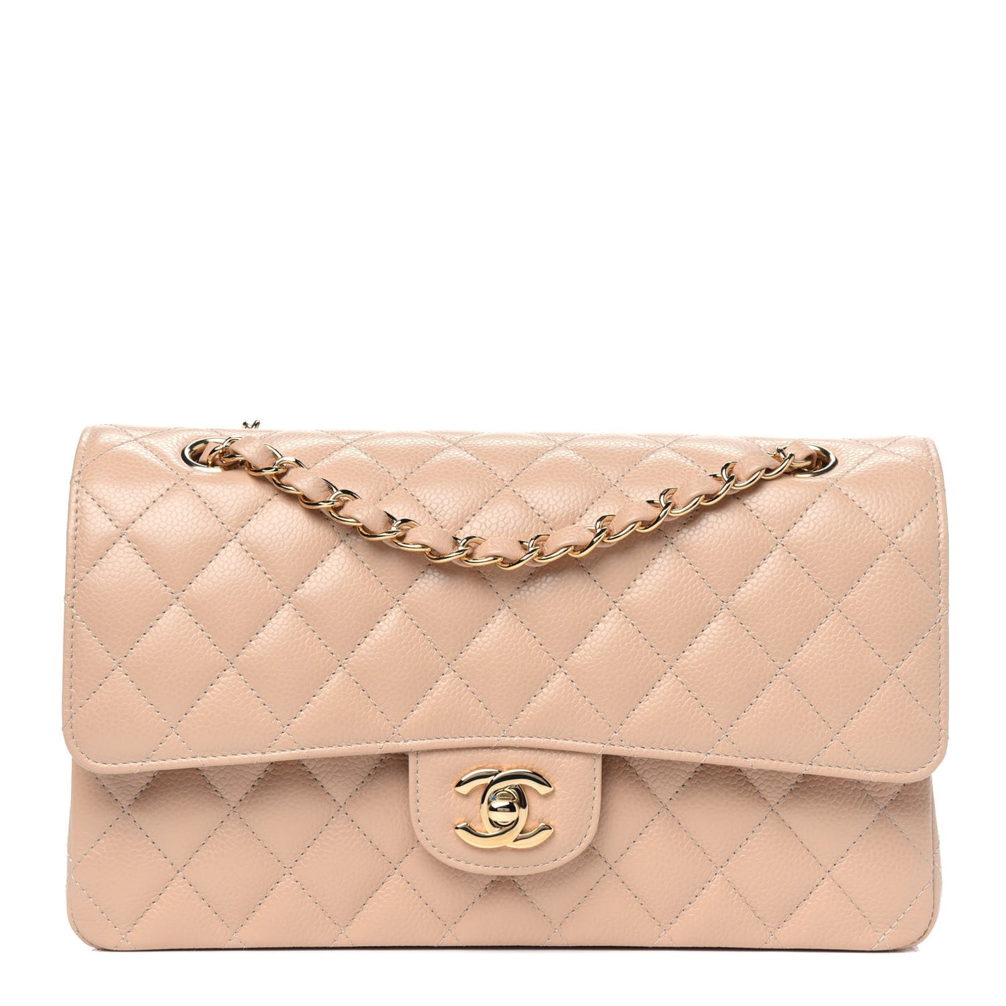 Caviar Quilted Medium Double Flap Beige