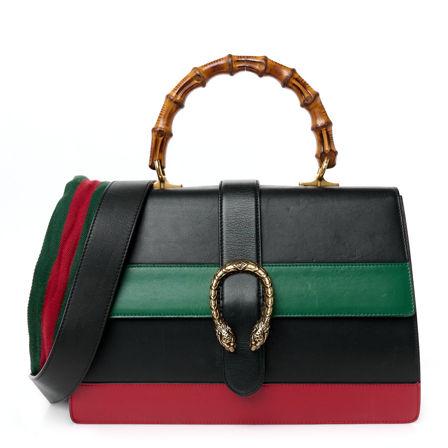 Calfskin Bamboo Web Large Dionysus Top Handle Bag Black Bright Evergreen Hibiscus Red
