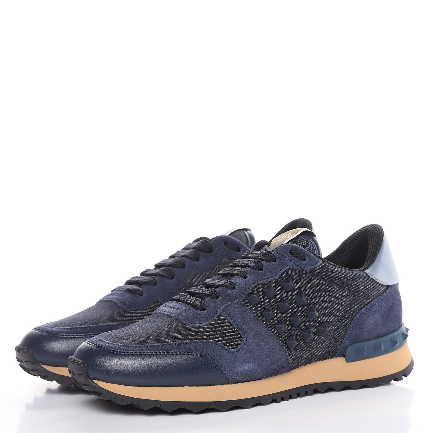 Denim Calfskin Suede Rockstud Sneakers 37.5 Deep Denim