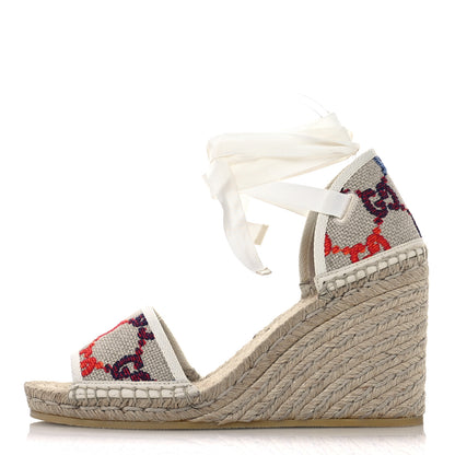 Gucci Linen Psychedelic Mini GG Monogram Ankle Wrap Platform Espadrille Wedge Sandals 39 Multicolor Mystic White 1 of 8