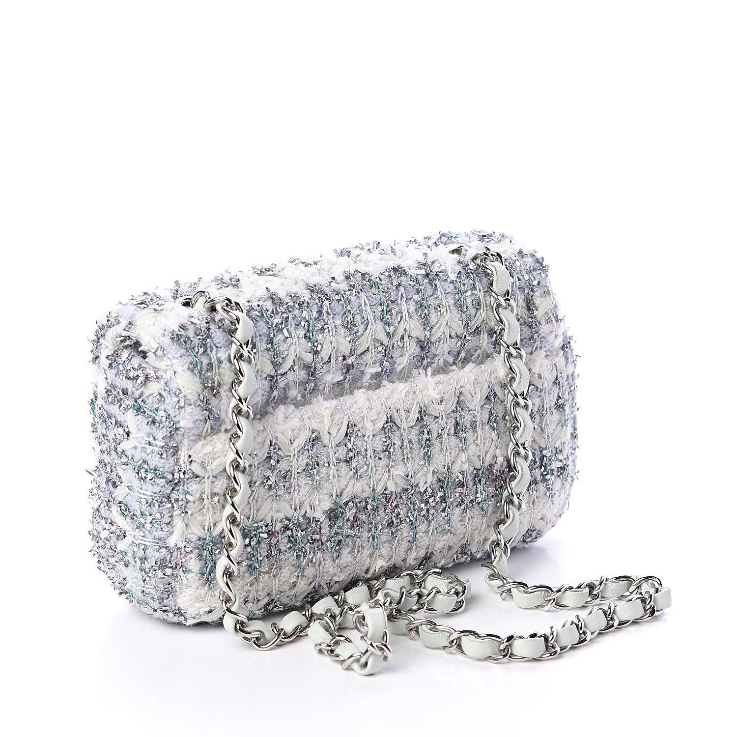 Chanel Tweed Quilted Mini Rectangular Flap Light Green Silver White 2 of 10