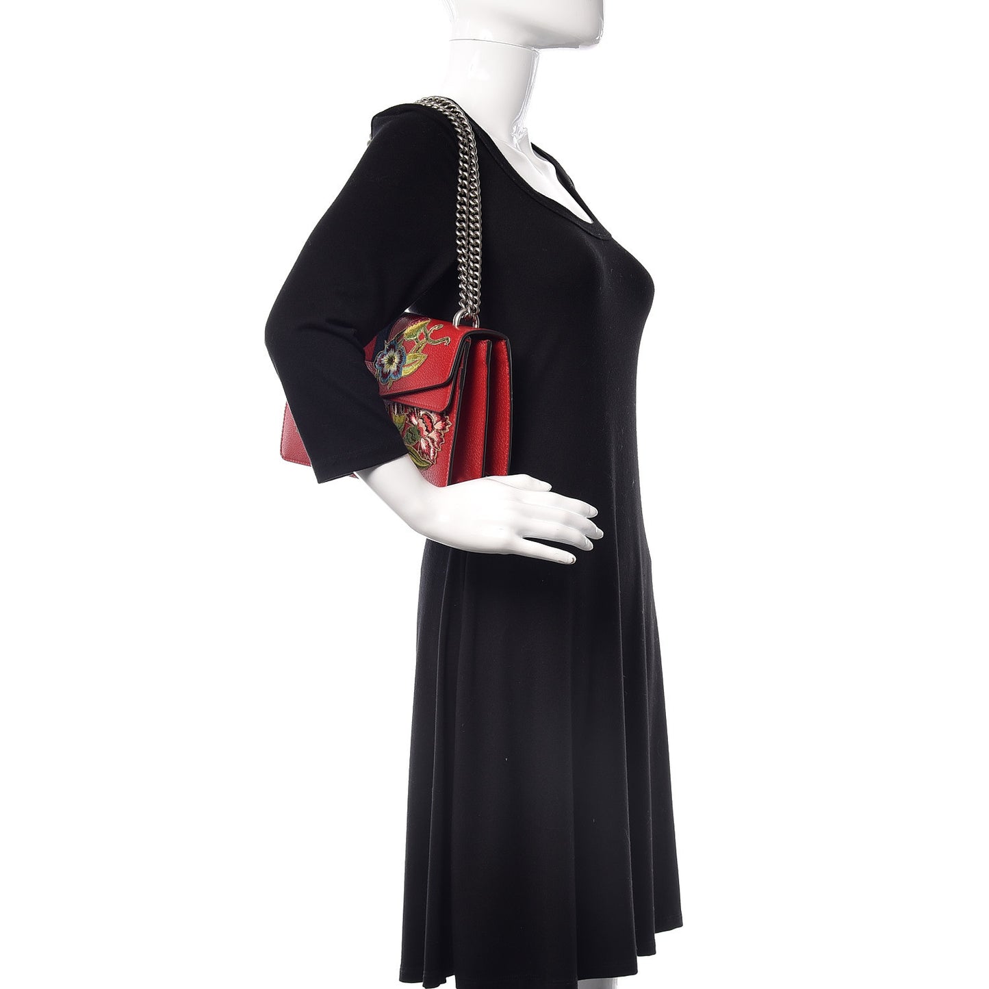 Calfskin Web Floral Embroidered Small Dionysus Shoulder Bag Hibiscus Red