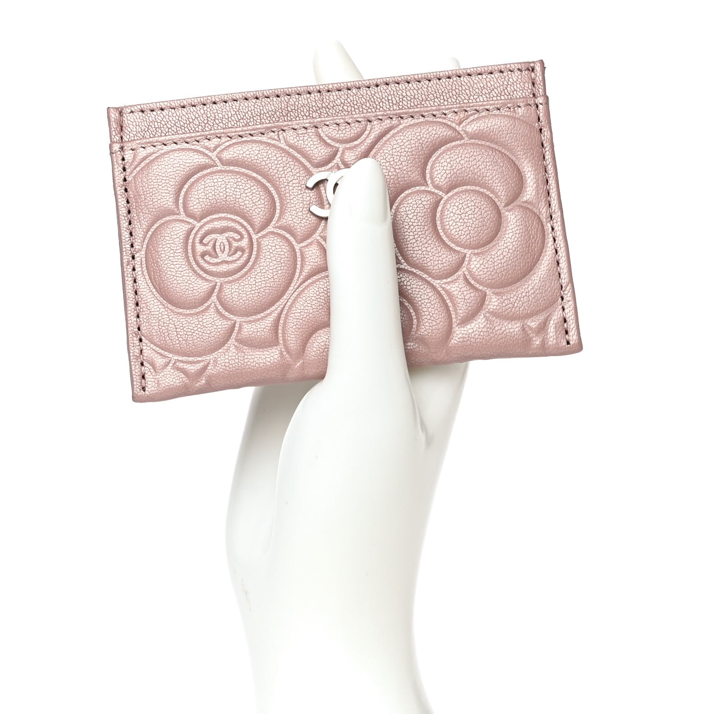 Goatskin Camellia Embossed Card Holder Light Pink