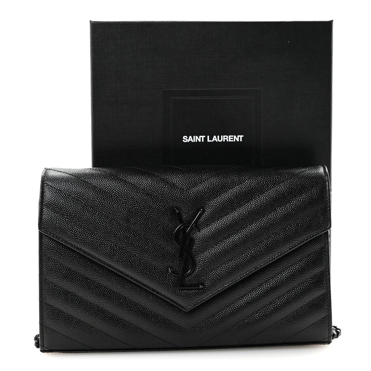 Saint Laurent Grain De Poudre Matelasse Chevron Monogram Monochrome Chain Wallet Black 10 of 10