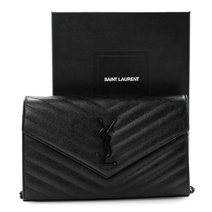 Saint Laurent Grain De Poudre Matelasse Chevron Monogram Monochrome Chain Wallet Black 10 of 10