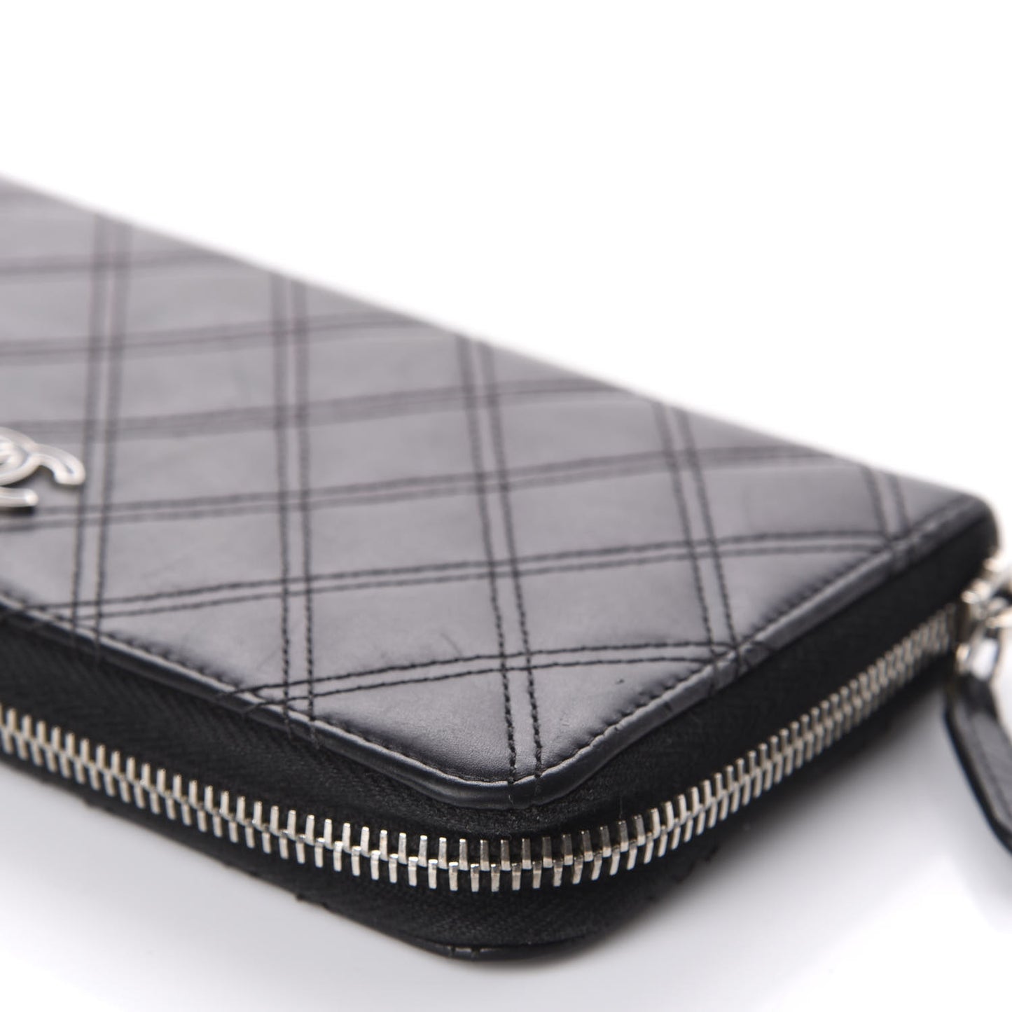 Lambskin Double Stitch Quilted Large Gusset Zip Around Wallet Black