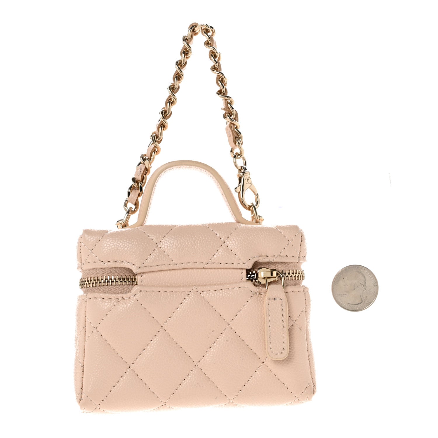 Chanel Caviar Quilted Mini Bag Charm With Chain Light Beige 2 of 6