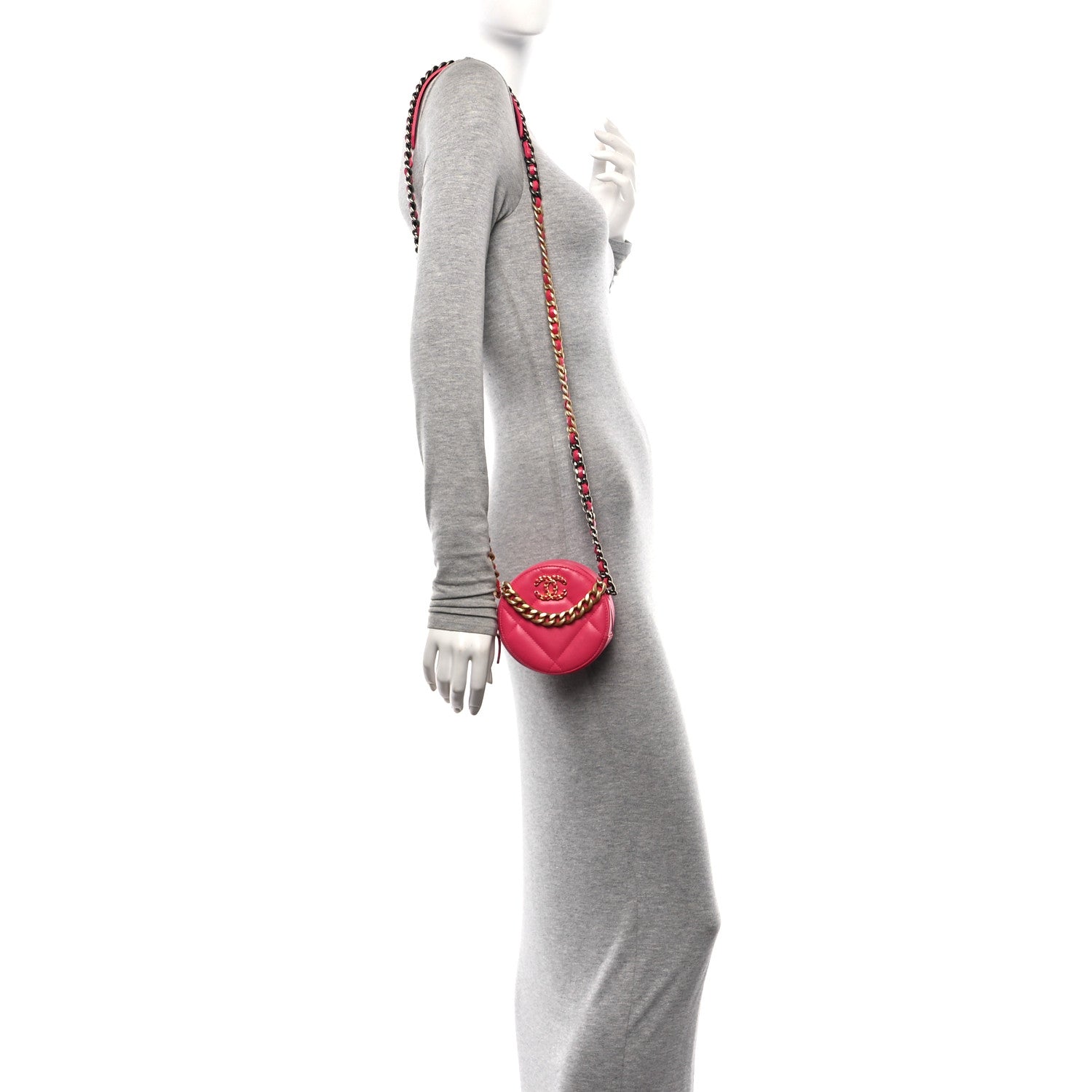 Chanel Goatskin Quilted Chanel 19 Round Clutch With Chain Dark Pink 2 of 10