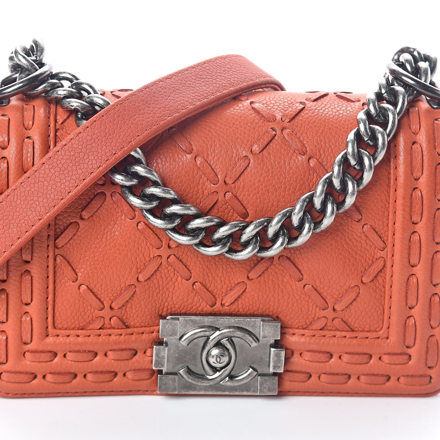 Caviar Stitched Small Boy Flap Dark Orange