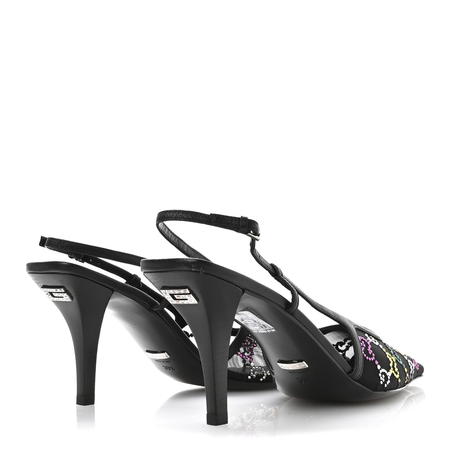 Tela Retino Nappa Charlotte Crystal GG Monogram Square G 75mm Slingback Pumps 39.5 Black
