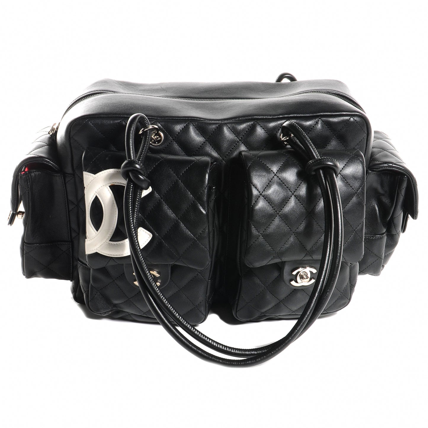 Calfskin Quilted Large Cambon Multipocket Reporter Black White