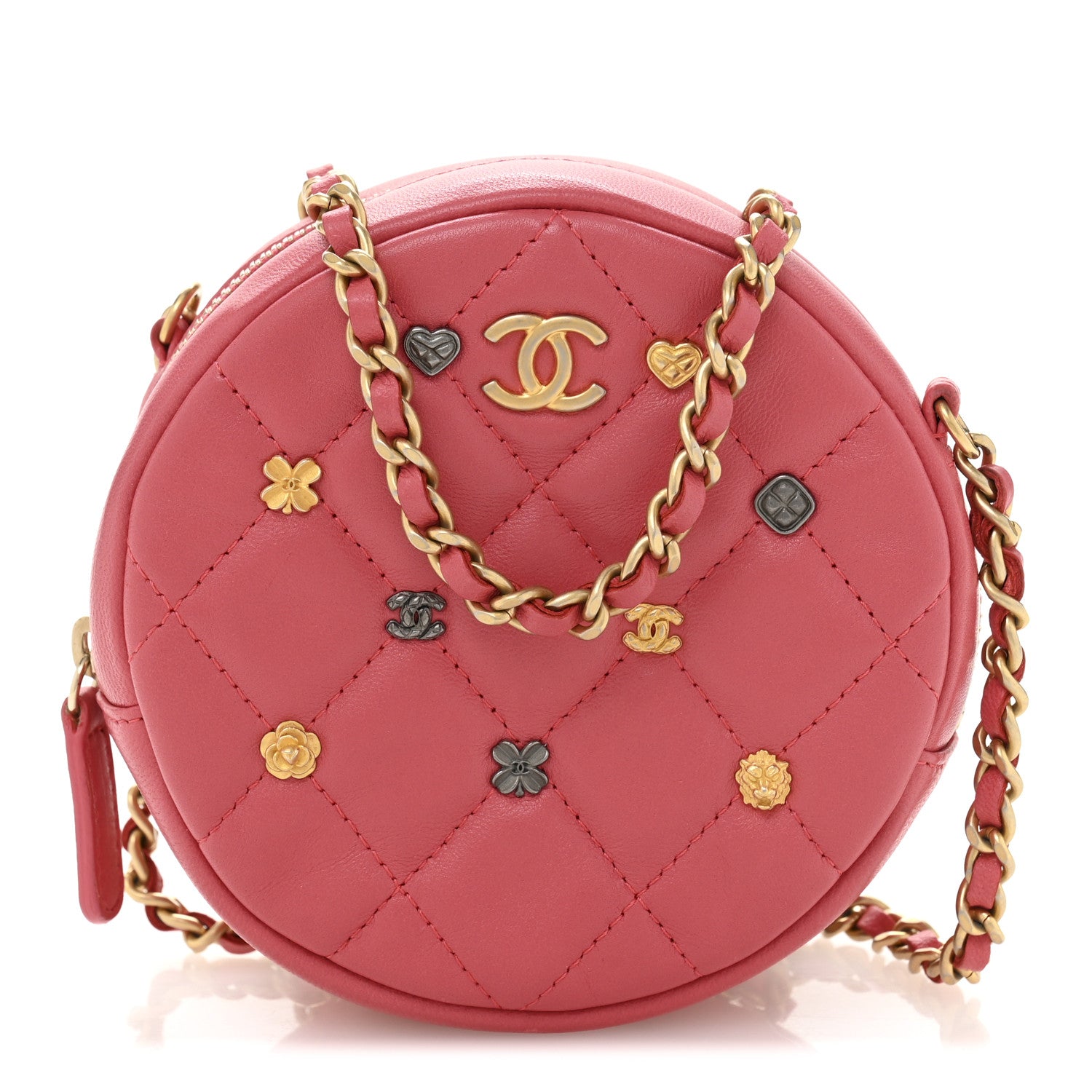 Chanel Lambskin Quilted Studded Round Clutch With Chain Dark Pink 1 of 11