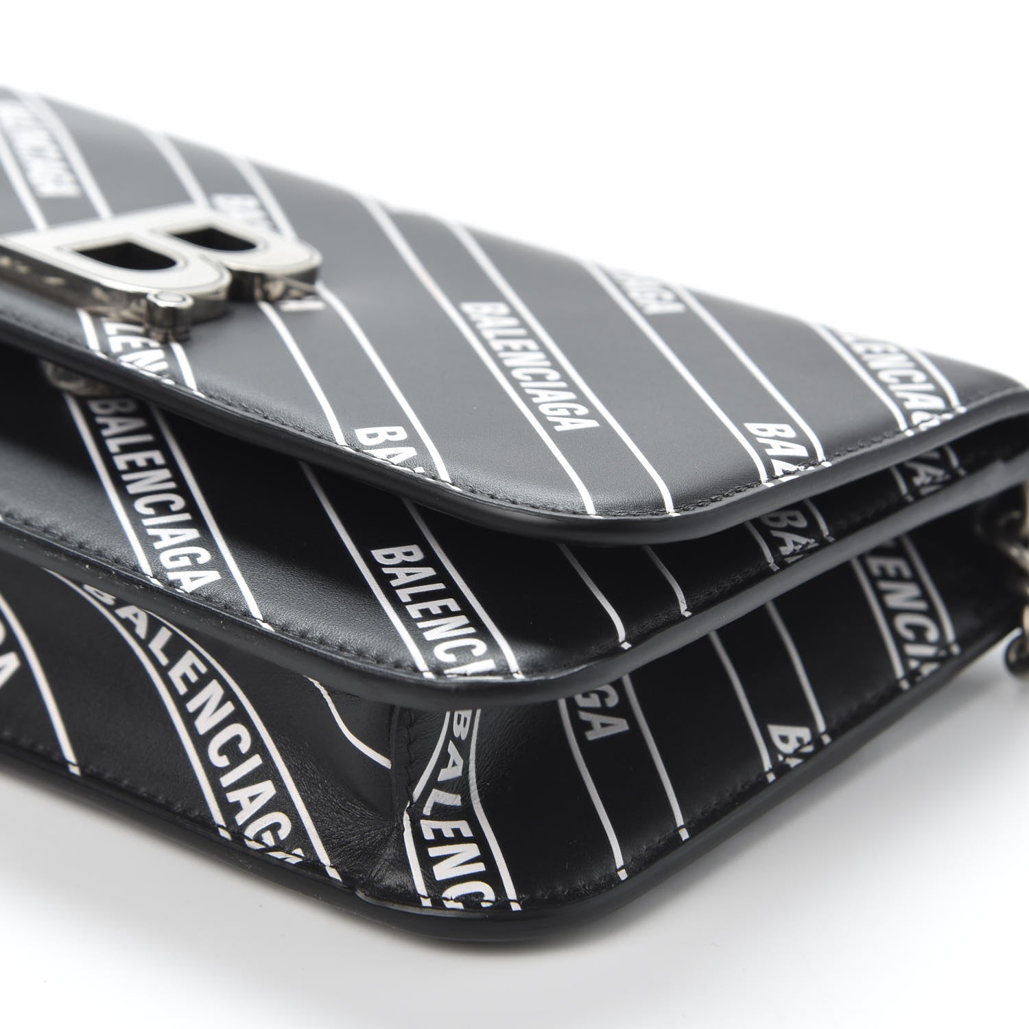 Balenciaga Matte Calfskin Diagonal Allover Logo Print B Wallet on Chain Black White 6 of 8