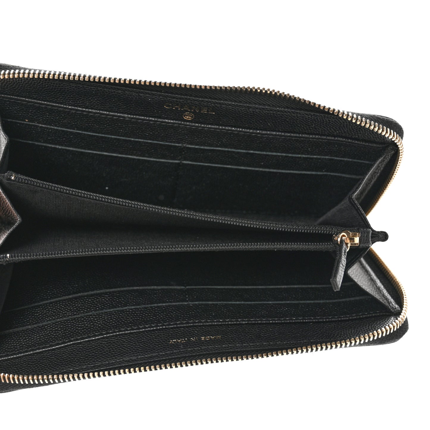 Caviar Camellia Embossed Large Zip Around Gusset Wallet Black