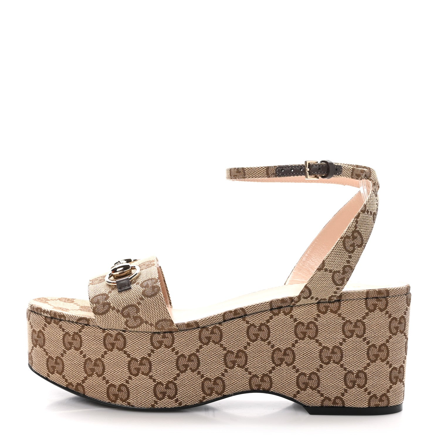 Gucci Monogram Nappa Chalotte Horsebit Ankle Strap 75mm Flatform Sandals 39 Beige Ebony 1 of 8