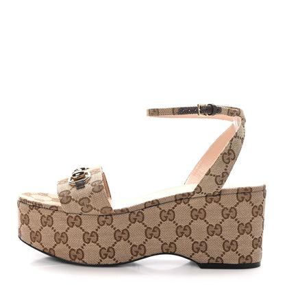 Gucci Monogram Nappa Chalotte Horsebit Ankle Strap 75mm Flatform Sandals 39 Beige Ebony 1 of 8