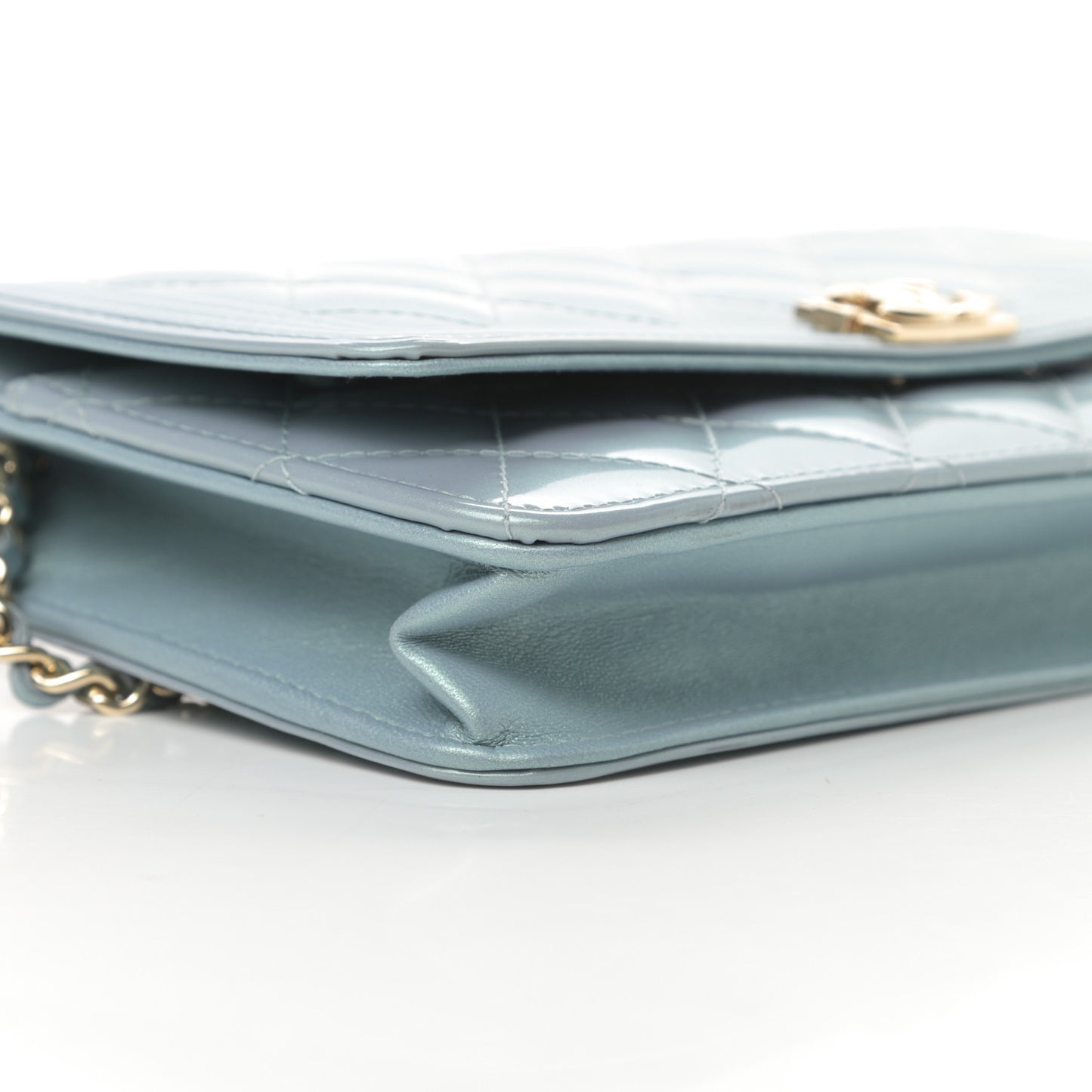 Metallic Patent Calfskin Quilted Boy Wallet on Chain WOC Light Blue