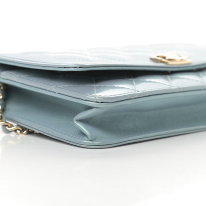 Chanel Metallic Patent Calfskin Quilted Boy Wallet on Chain WOC Light Blue 10 of 15