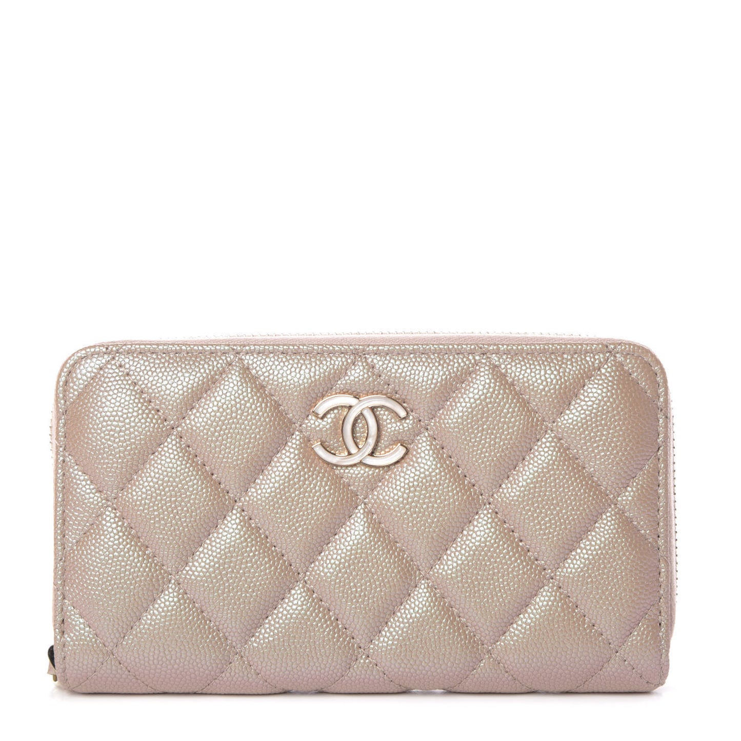 Iridescent Caviar Quilted Medium Zip Around Wallet Beige