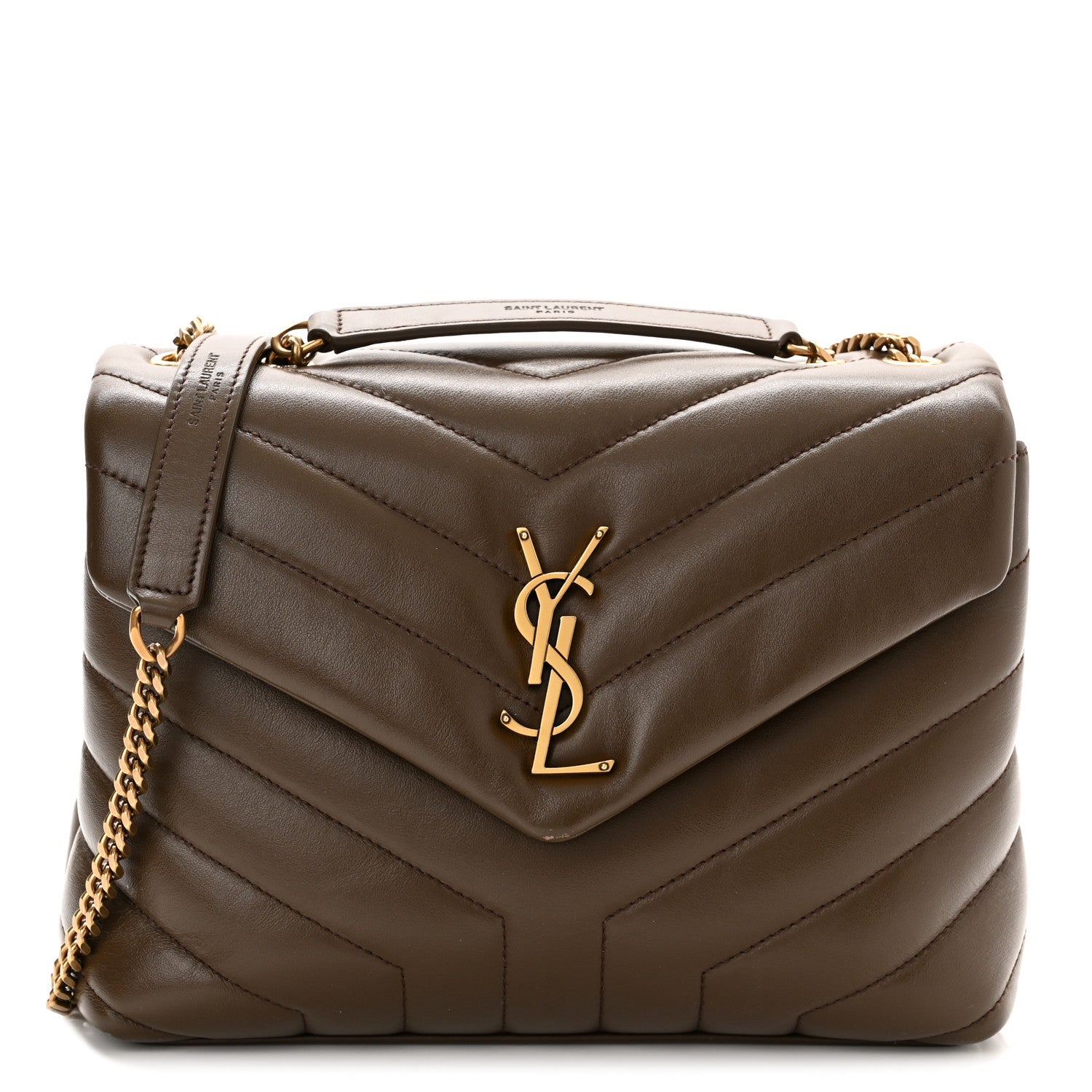 product image of SAINT LAURENT Calfskin Y Quilted Monogram Small Loulou Chain Satchel Taupe FASHIONPHILE