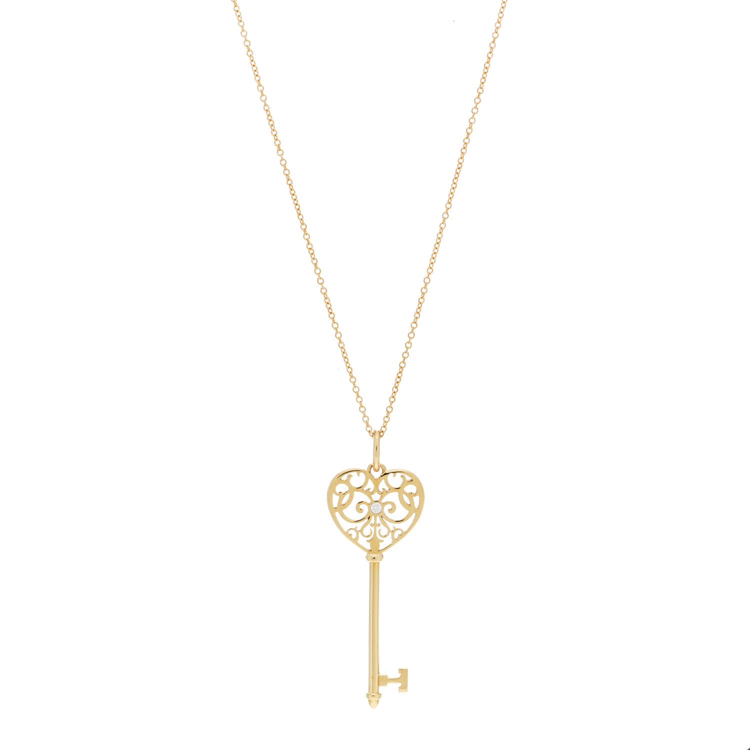 Tiffany 18K Yellow Gold Diamond Enchant Heart Key Pendant Necklace 1 of 4