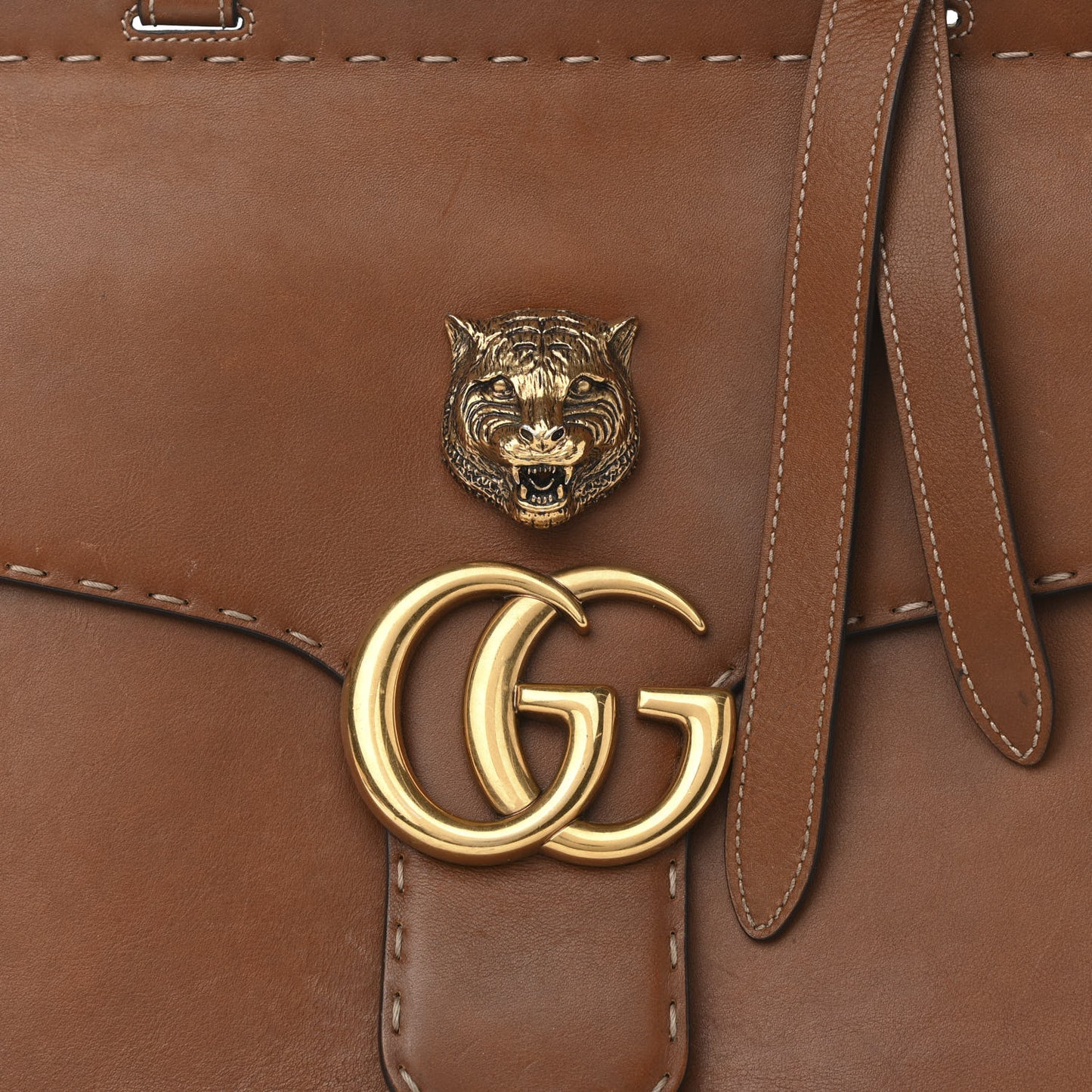Calfskin Feline Medium GG Marmont Top Handle Bag Brown
