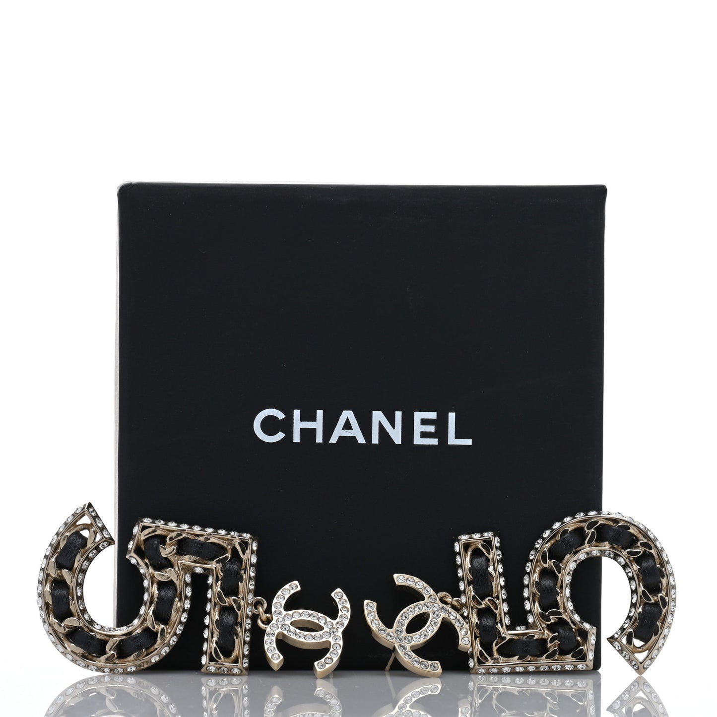 Crystal Lambskin Chain CC No 5 Drop Earrings Gold Black
