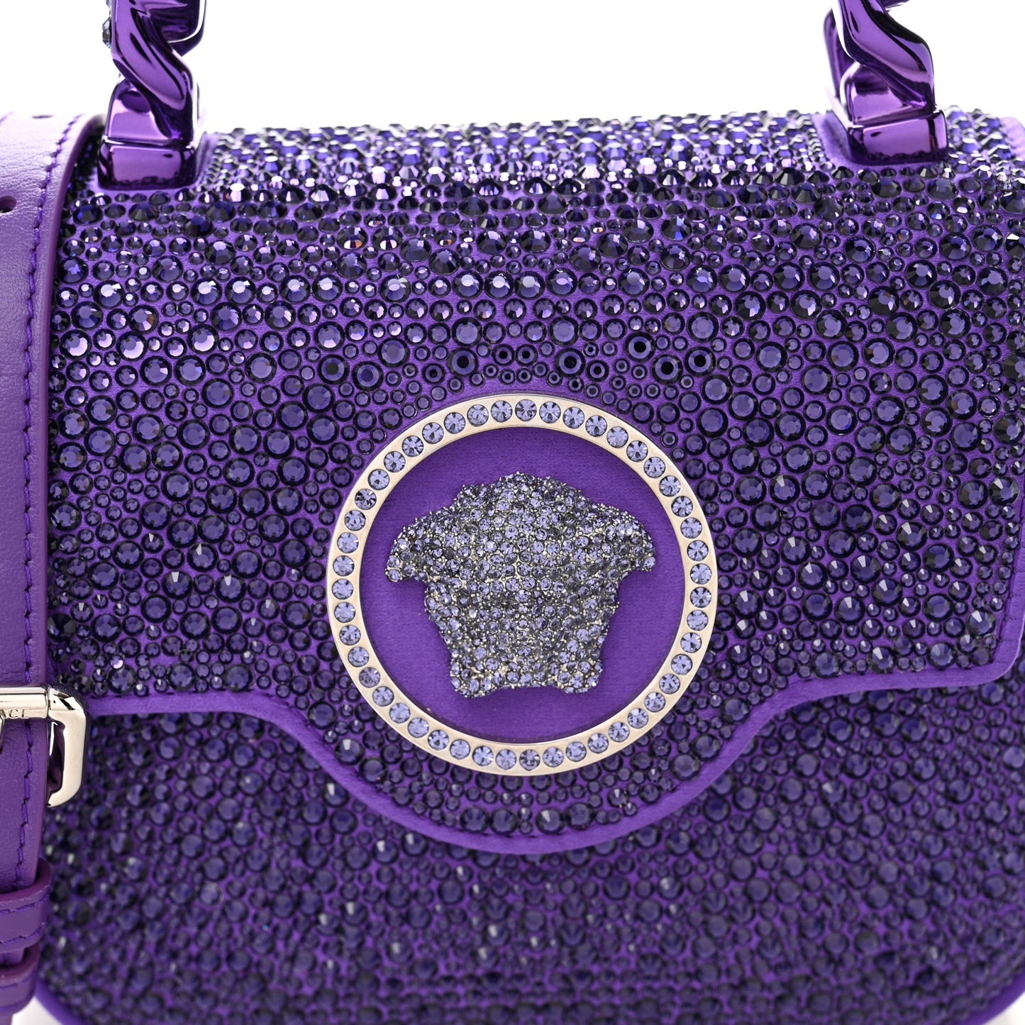 Satin Crystal Studded Mini La Medusa Bag Purple