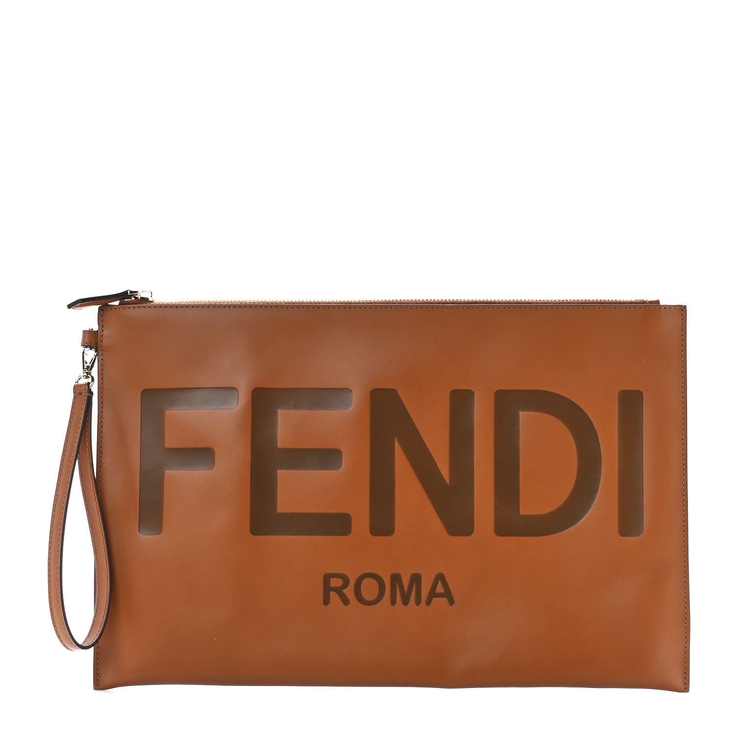 Fendi Vitello King Logo Embossed Large Flat Pouch Cuoio 1 of 11