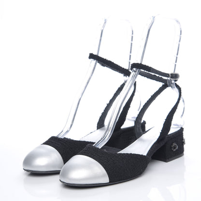Chanel Tweed Iridescent Calfskin Cap Toe CC Slingback Pumps 38.5 Black Silver 2 of 12