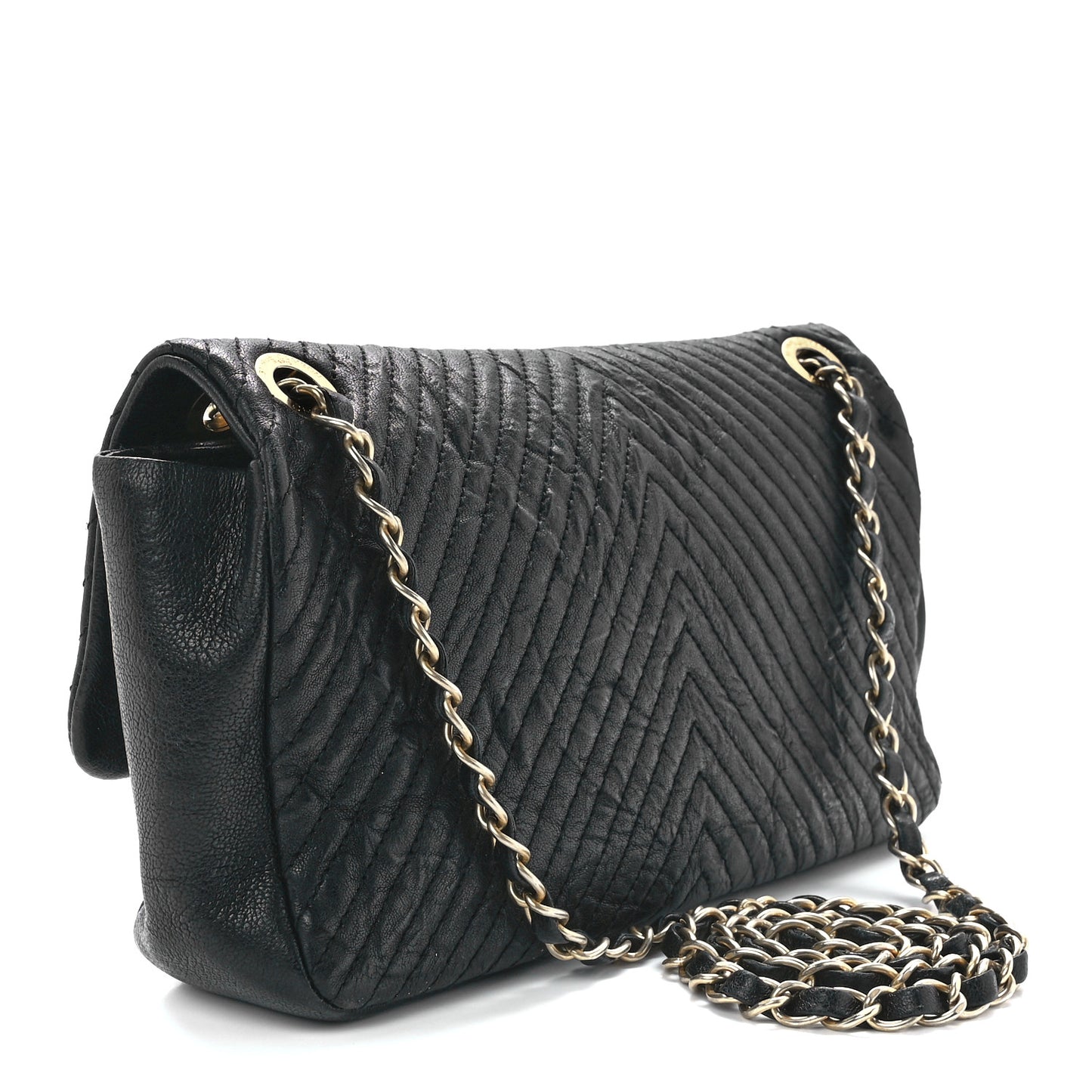 Calfskin Chevron Quilted Medium Surpique Flap Black