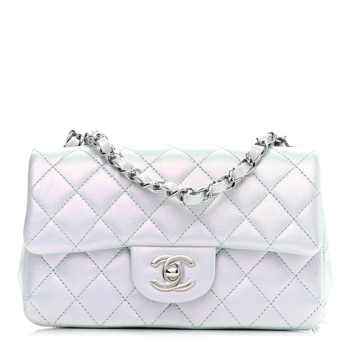 Iridescent Calfskin Quilted Mini Rectangular Flap Light Blue